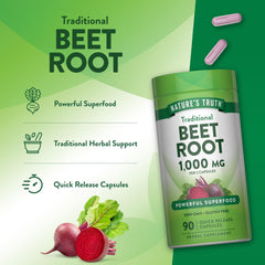 Envase abierto de Nature's Truth Beet Root con cápsulas visibles listo para usar