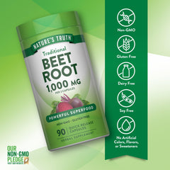 Detalle de la etiqueta de Nature's Truth Beet Root con ingredientes y sin alérgenos