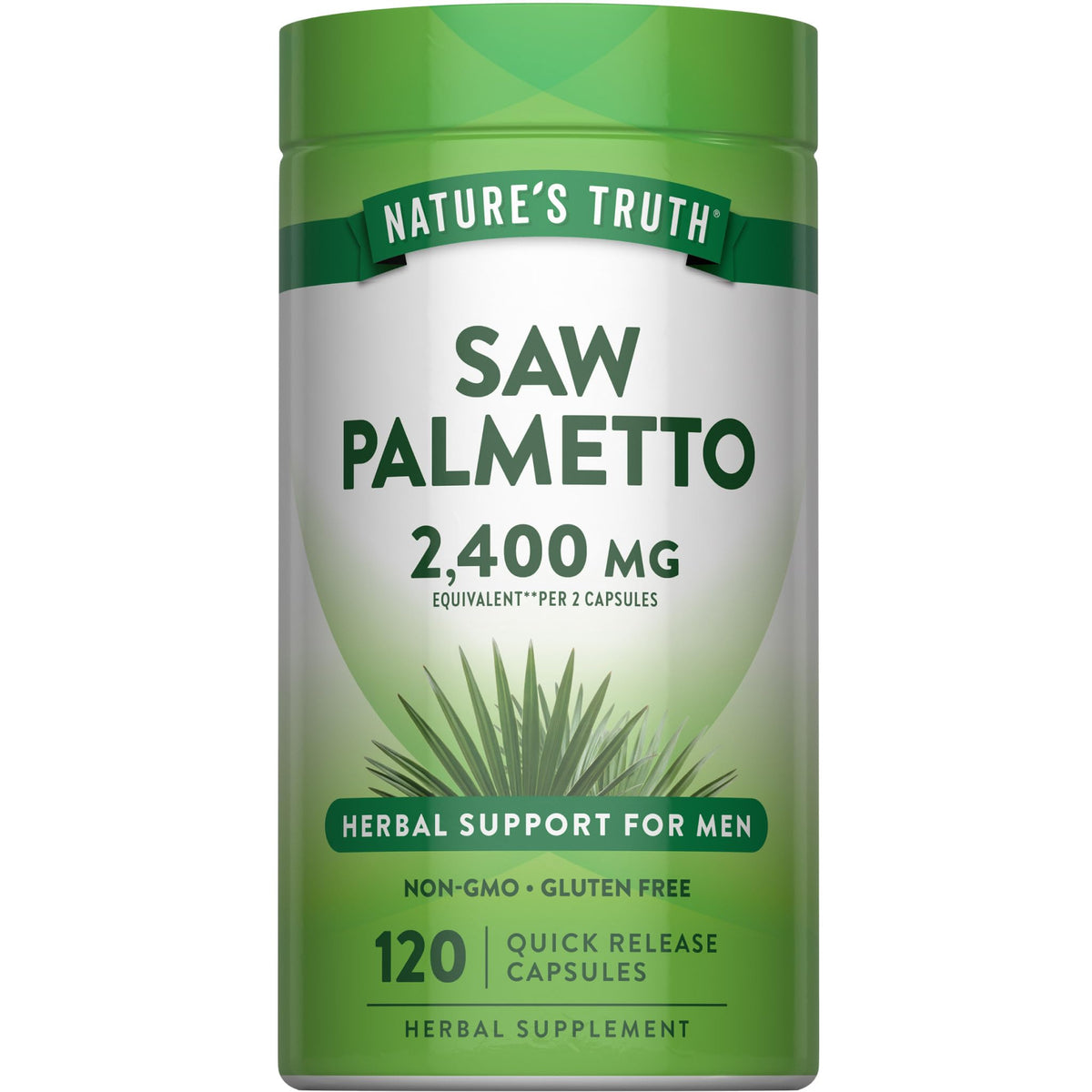 Nature's Truth envase frontal de Saw Palmetto mostrando 120 cápsulas y confianza