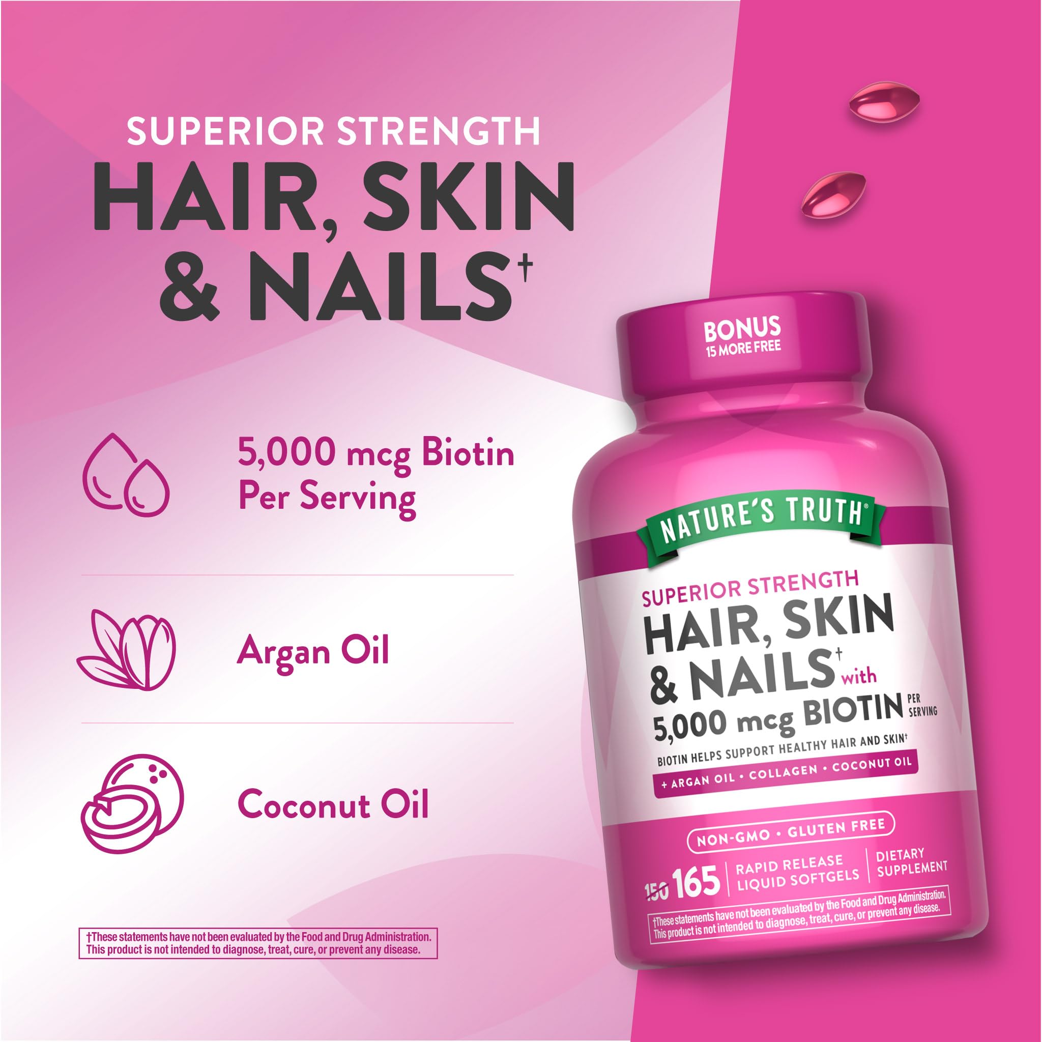 Nature's Truth softgel partido mostrando aceite de argán y aporte nutricional