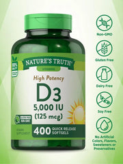 Nature's Truth etiqueta legible con información de 5000 IU y libre de alérgenos