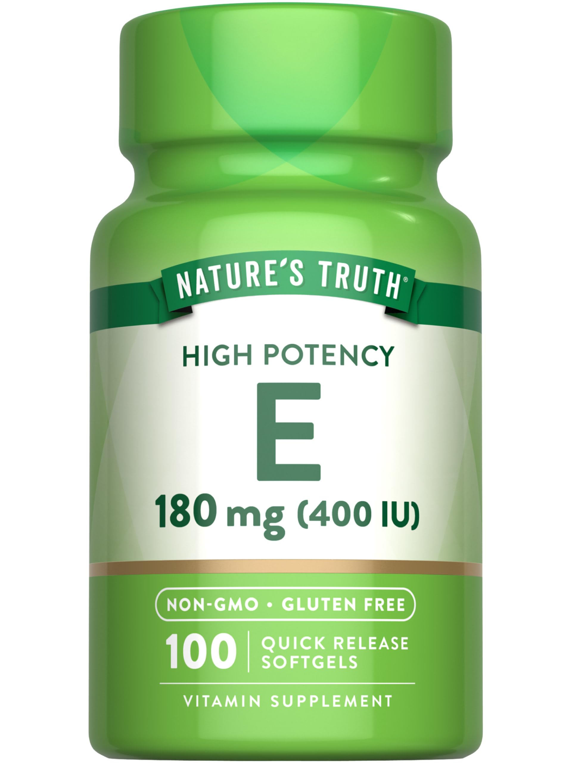 Nature's Truth frasco frontal mostrando Vitamina E 400 IU y ventajas de dosis alta