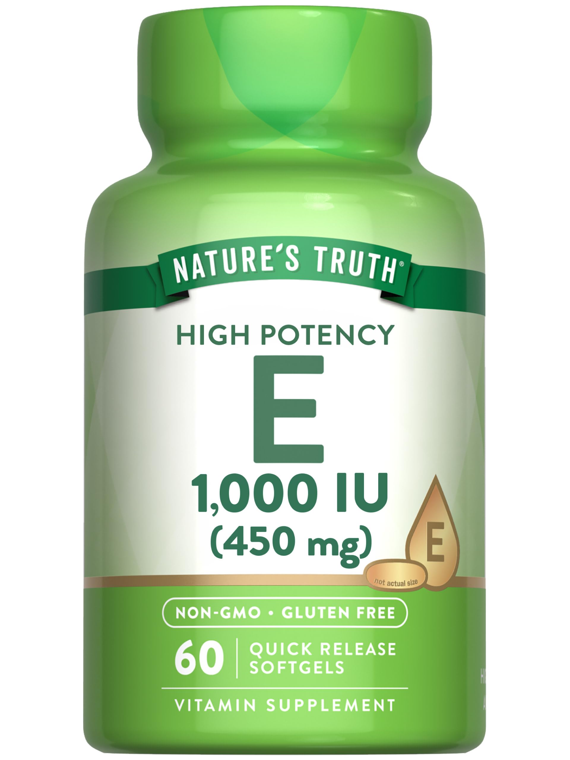 Nature's Truth frasco frontal que muestra la vitamina E y facilidad de uso