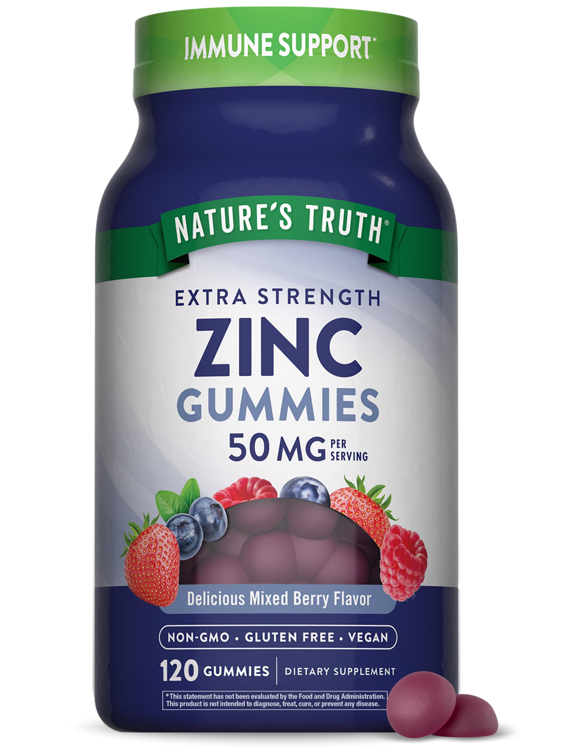 Nature's Truth frasco frontal muestra zinc en gomitas y conveniencia