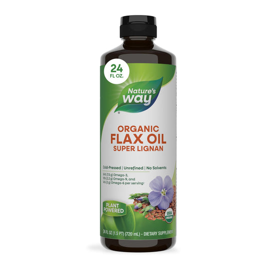 Nature's Way botella frontal mostrando aceite de linaza orgánico para aportes de ALA