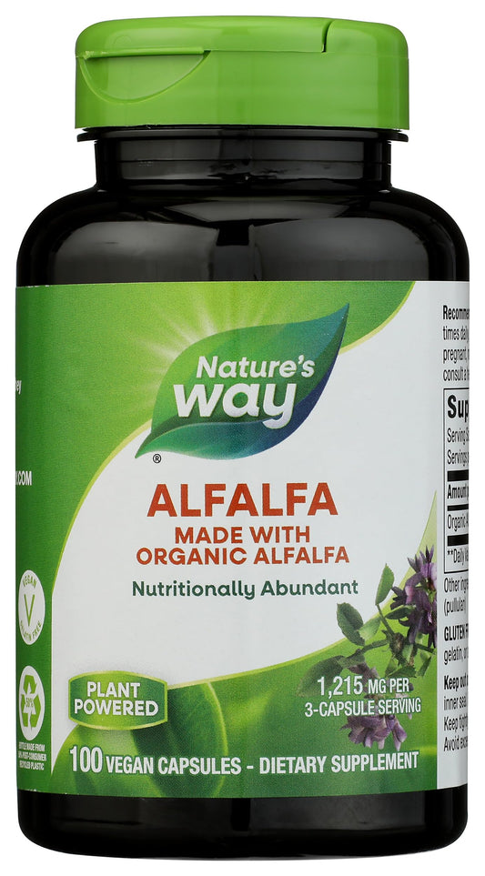 Nature's Way frasco alfalfa orgánica frente, envase claro y útil