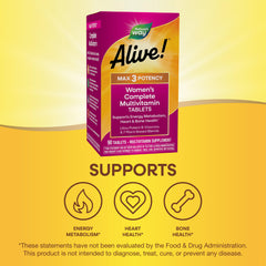 Nature's Way tabletas Alive Max3 siendo tomadas con agua, uso diario sencillo y práctico