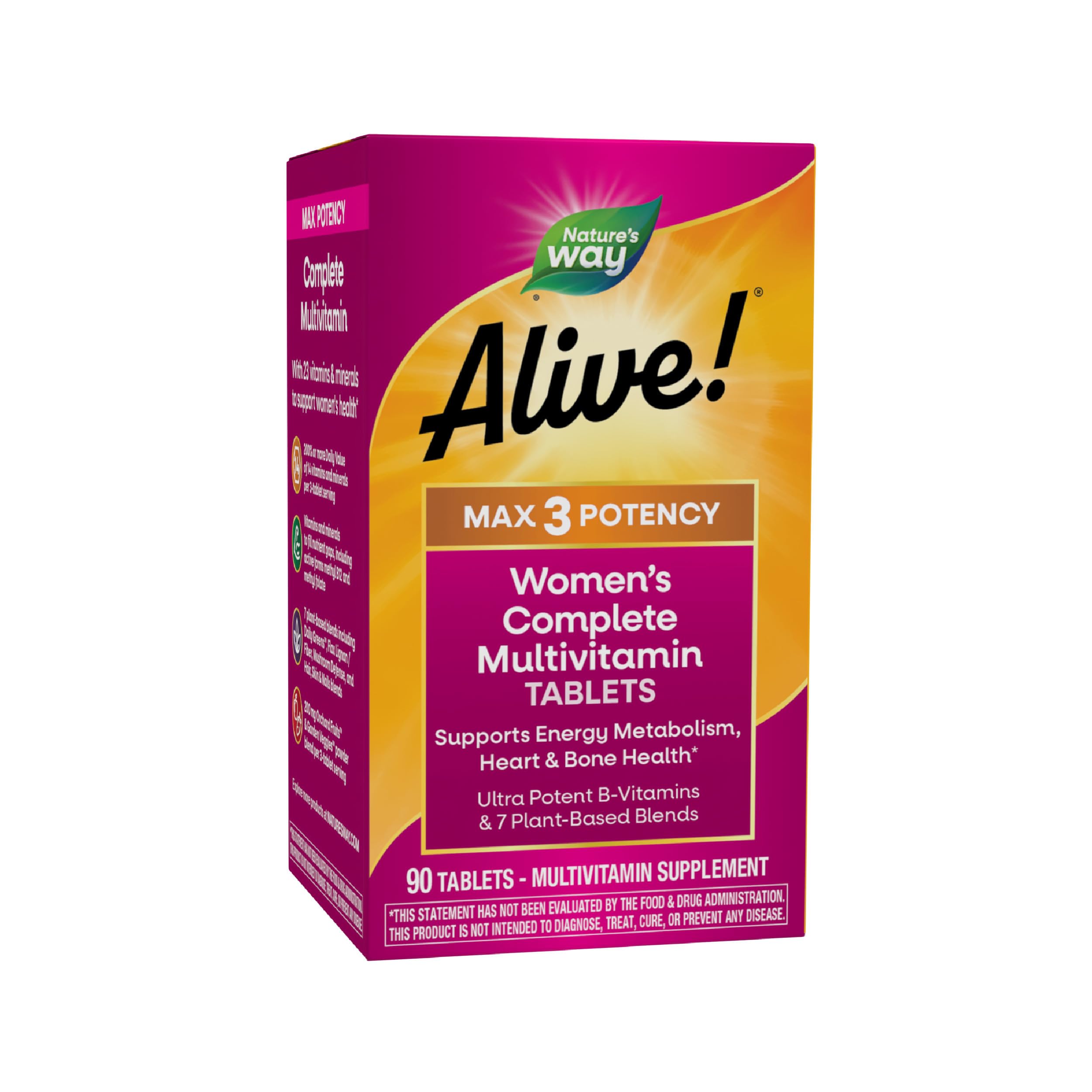 Nature's Way frasco frontal del multivitamínico Alive Max3, presentación clara y confianza