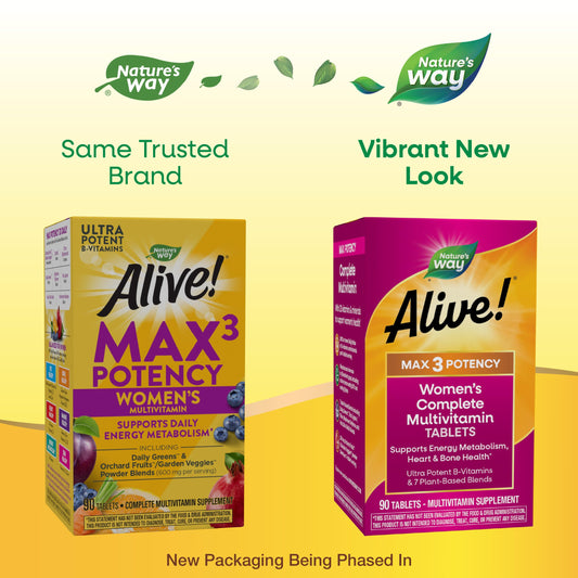 Nature's Way tabletas Alive Max3 en primer plano, textura fácil de tragar y absorción