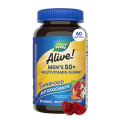 Nature's Way frasco de Alive! Men’s 50+ mostrando el envase frontal y beneficios