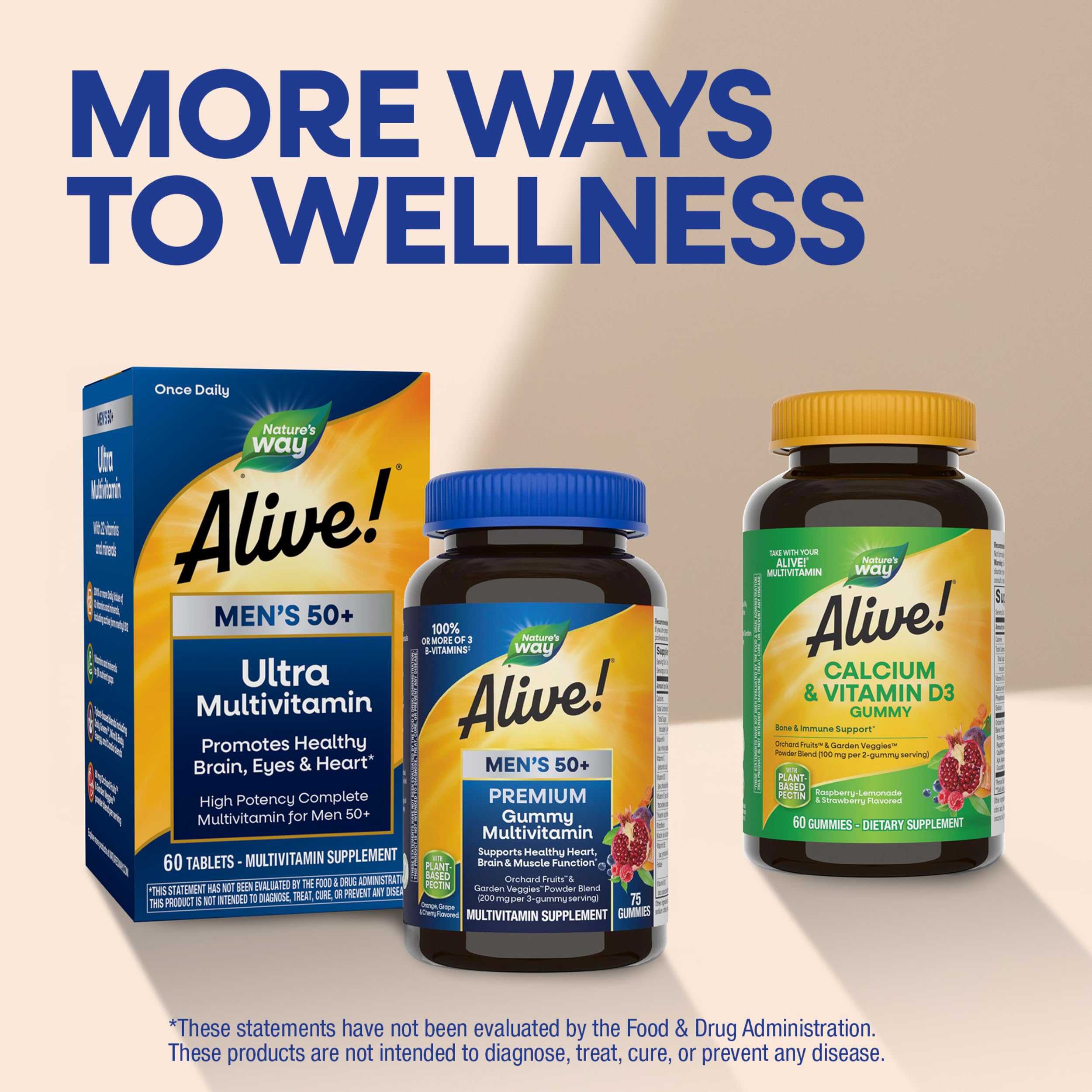 Nature's Way estilo de vida: hombre mayor activo con gomitas Alive! para apoyo diario