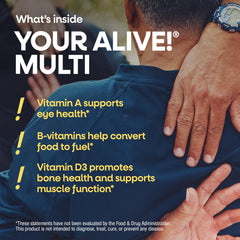 Nature's Way etiqueta nutricional de Alive! Men’s 50+ con lista de vitaminas clave
