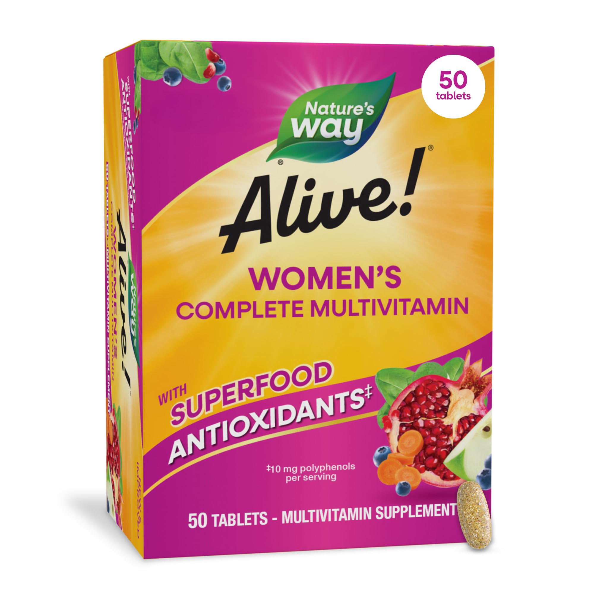Nature's Way embalaje frontal del multivitamínico para mujer mostrando beneficios