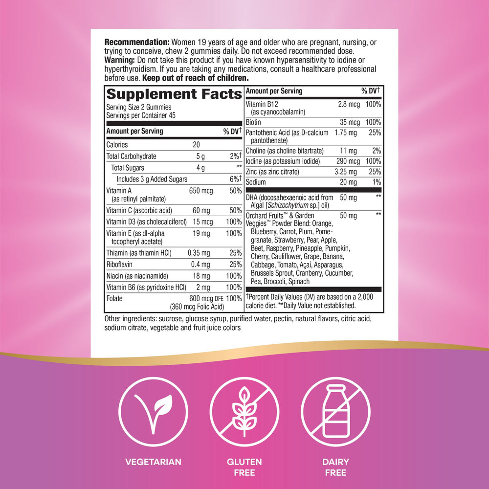 Etiqueta nutricional de Nature's Way Alive! Prenatal destacando vitaminas y minerales