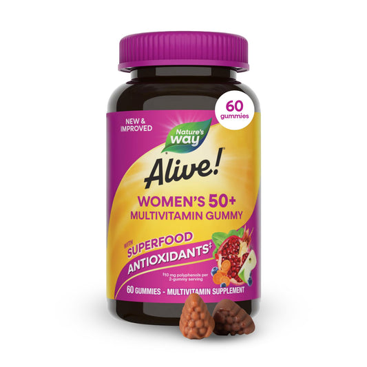 Nature's Way envase frontal Alive! Women's 50+ mostrando etiqueta clara y beneficio multivitamínico
