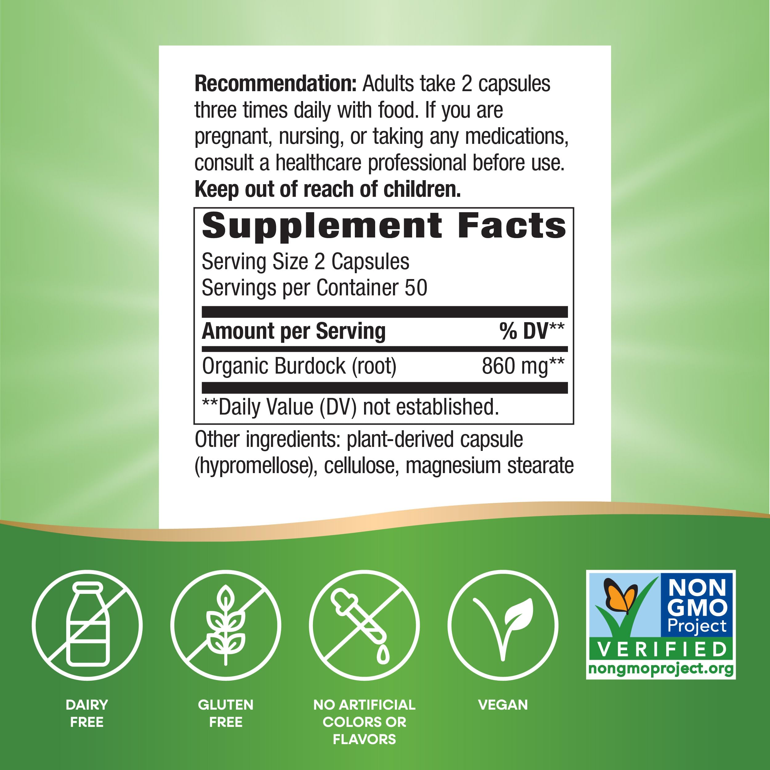 Nature's Way etiqueta con información de ingredientes y uso, clara