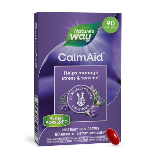 Nature's Way CalmaAid frasco frontal que muestra 90 cápsulas y presentación clara