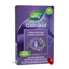 Nature's Way CalmaAid frasco frontal que muestra 90 cápsulas y presentación clara