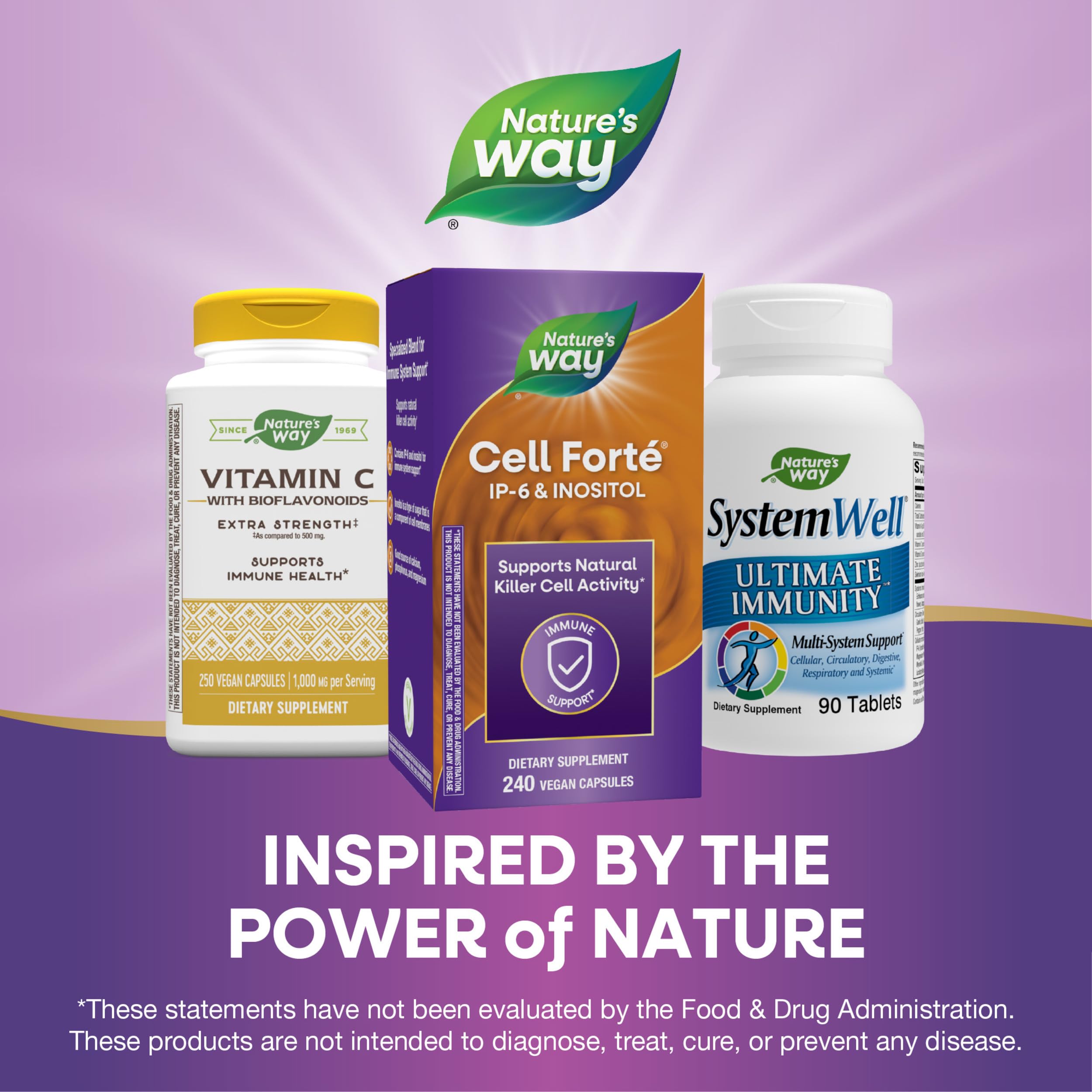 Nature's Way producto junto a hojas y granos, conexión natural