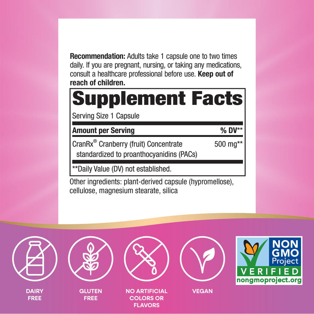 Nature's Way CranRx envase abierto con cápsulas visibles para referencia del producto
