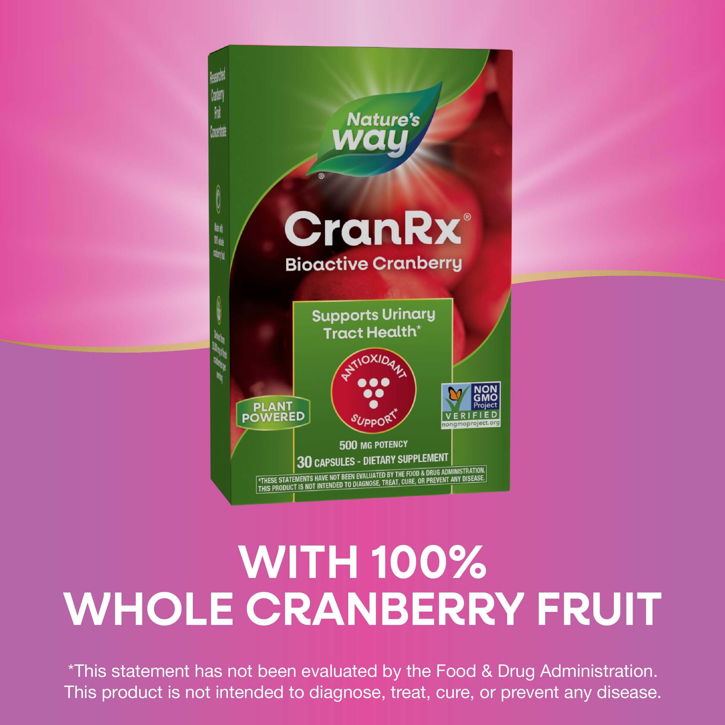 Nature's Way CranRx etiqueta con lista de ingredientes y estandarización en PACs