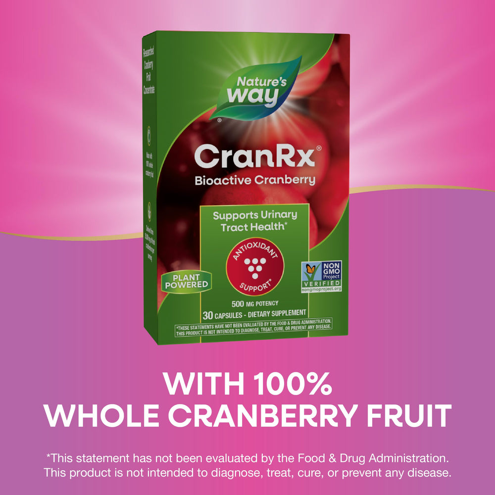 Nature's Way CranRx etiqueta con lista de ingredientes y estandarización en PACs