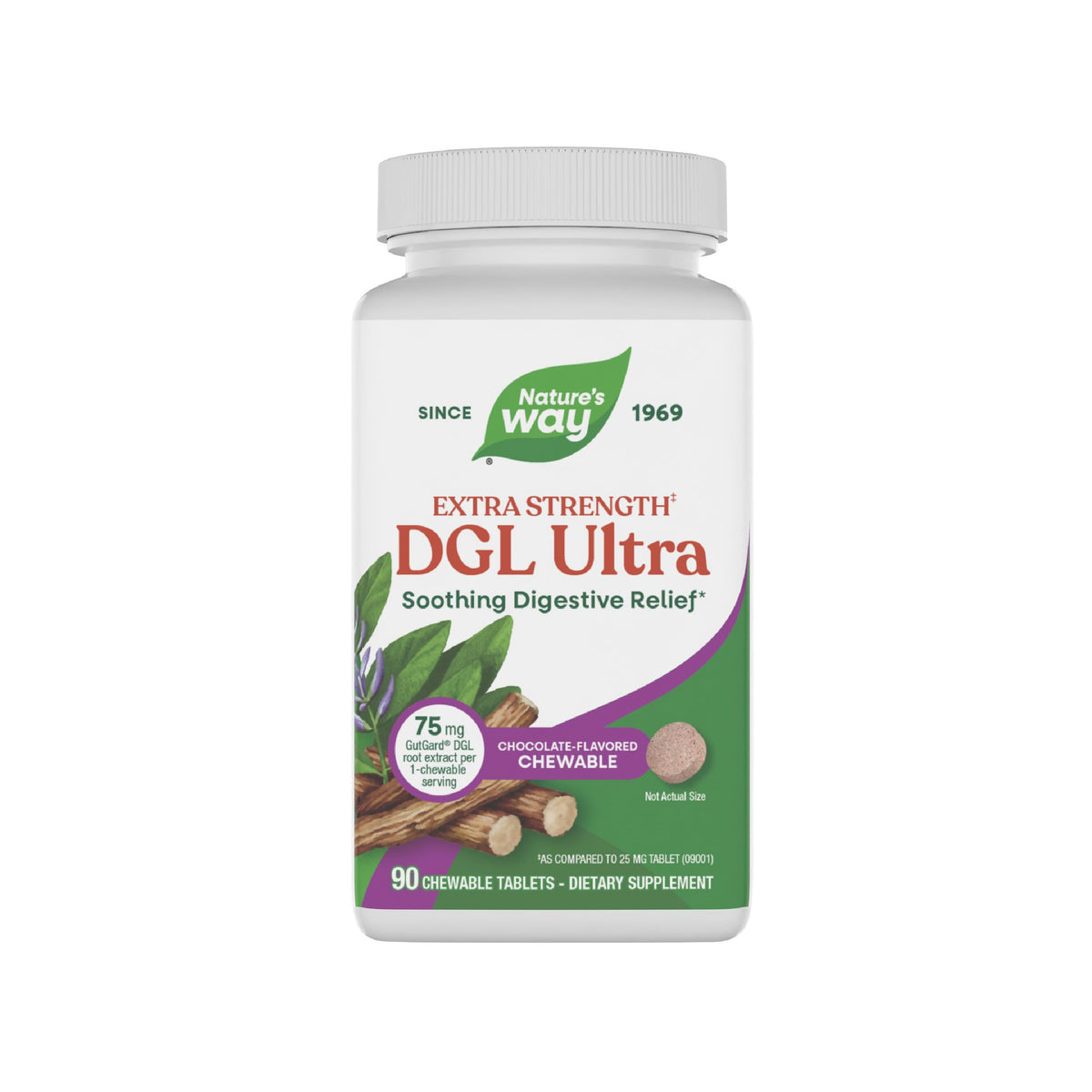 Nature's Way envase frontal DGL Ultra mostrando beneficios y sabor