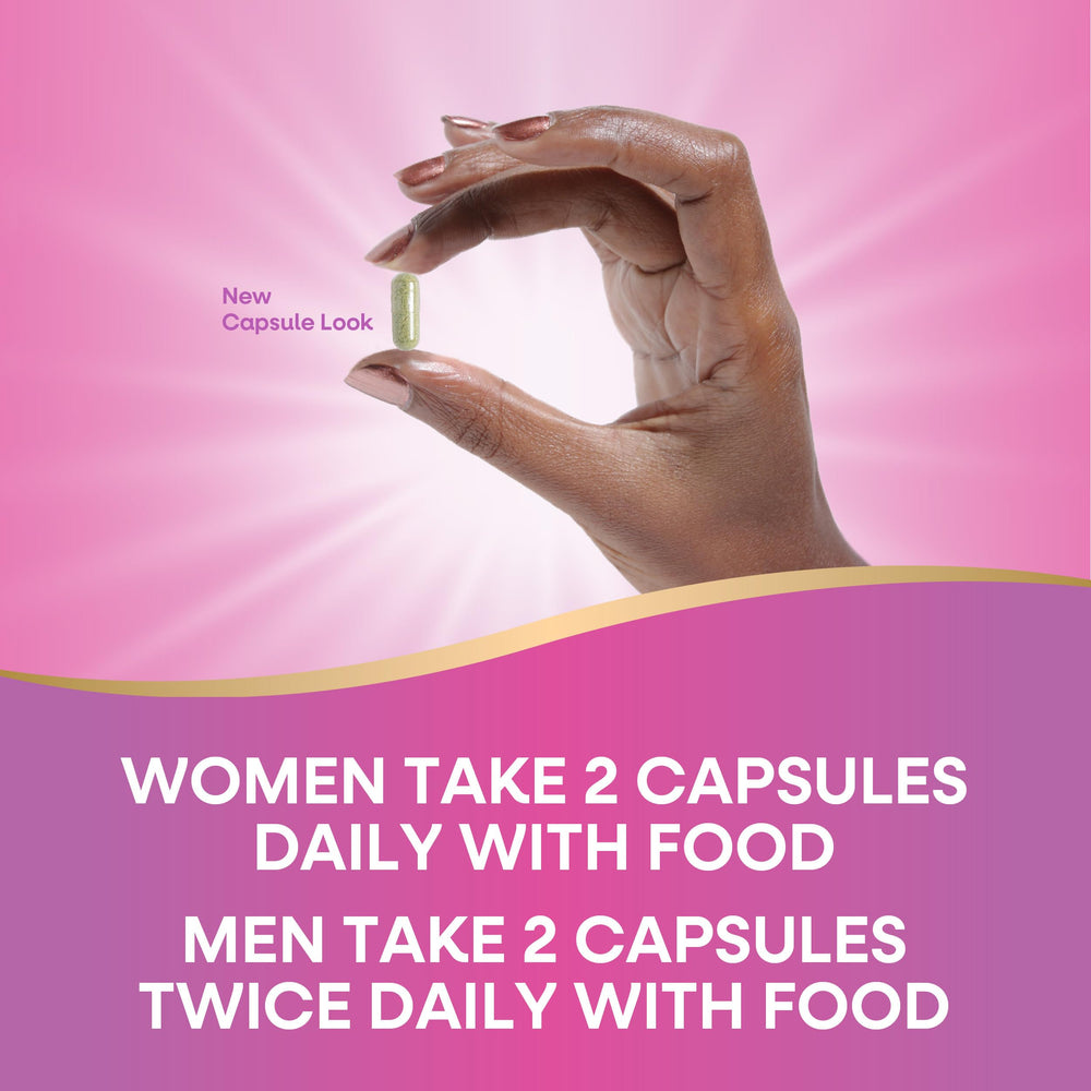 Nature's Way cápsulas junto a una mano para comparar tamaño y dosificación práctica