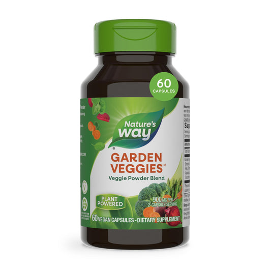 Nature's Way embalaje frontal de Garden Veggies mostrando marca y cantidad, conveniencia diaria
