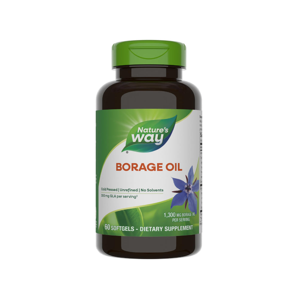 Nature's Way frasco de aceite de borraja mostrando el envase y beneficio de calidad