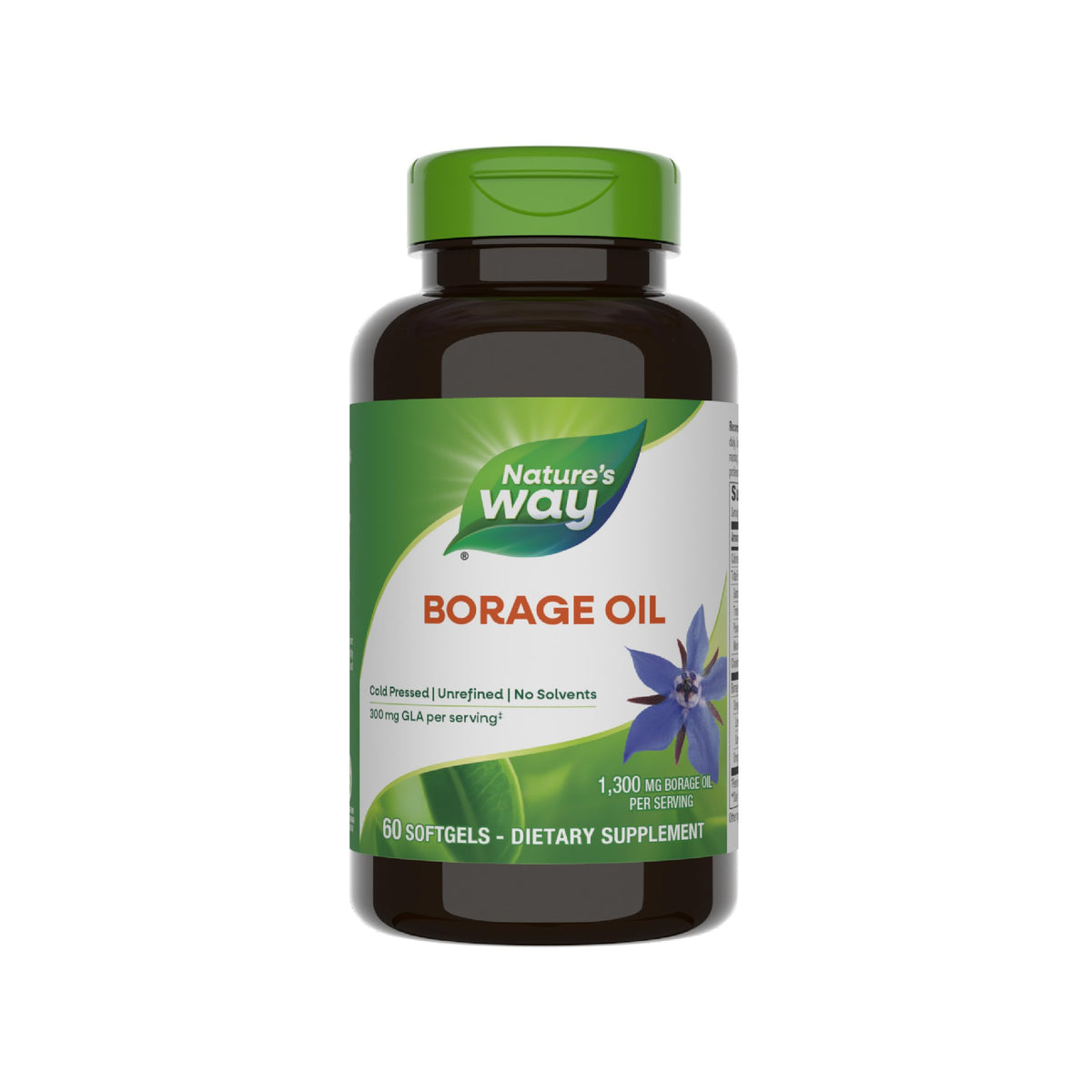 Nature's Way frasco de aceite de borraja mostrando el envase y beneficio de calidad