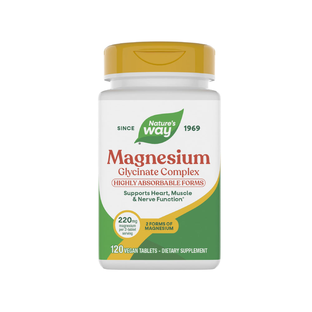 Nature's Way frasco delante mostrando magnesio glicinato y beneficio de absorción