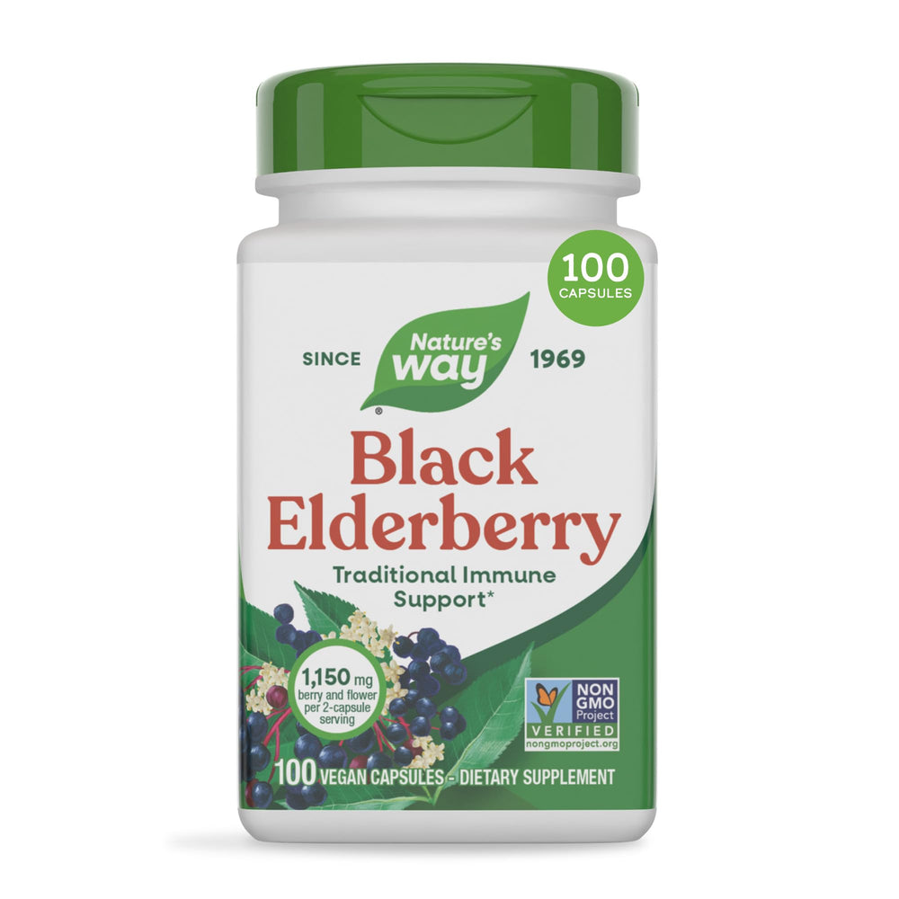 Nature's Way frente del envase de Black Elderberry mostrando dosis y 100 cápsulas, conveniencia