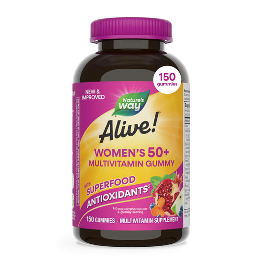 Nature's Way envase frontal Alive! Women's 50+ que muestra información clave