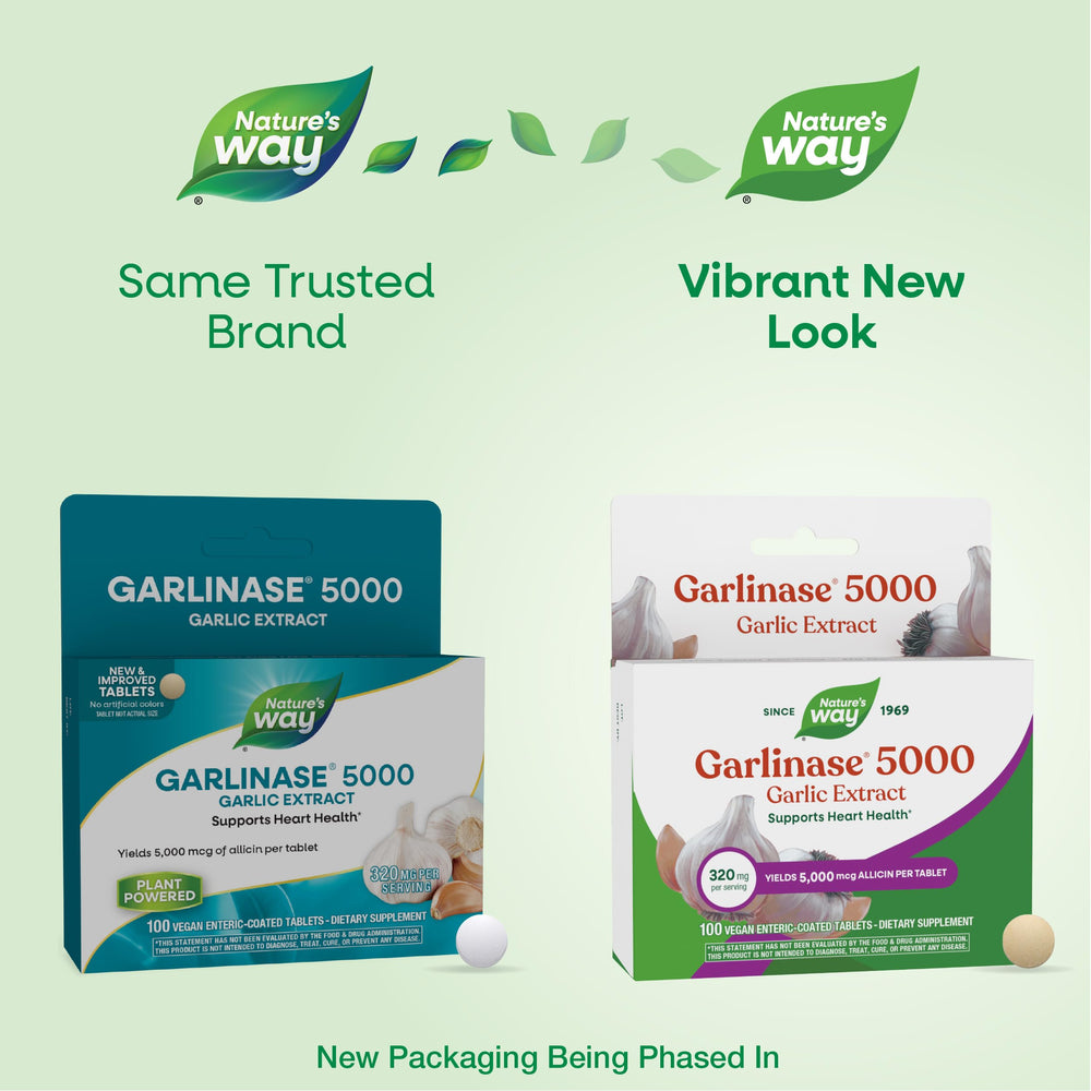 Nature's Way comprimido de Garlinase 5000 en primer plano para detalle y confianza