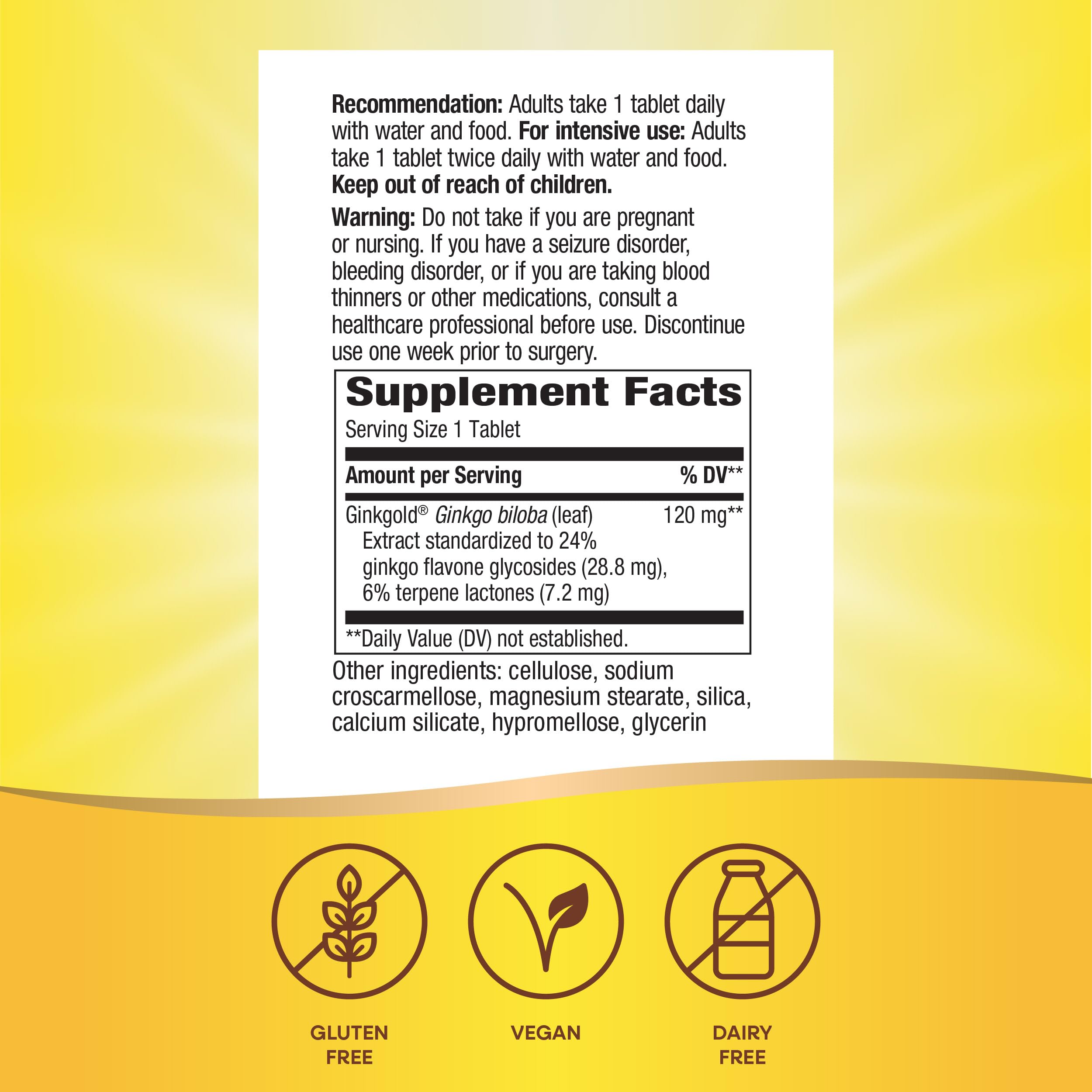 Nature's Way Ginkgold Max al lado de una regla para mostrar tamaño y dosis