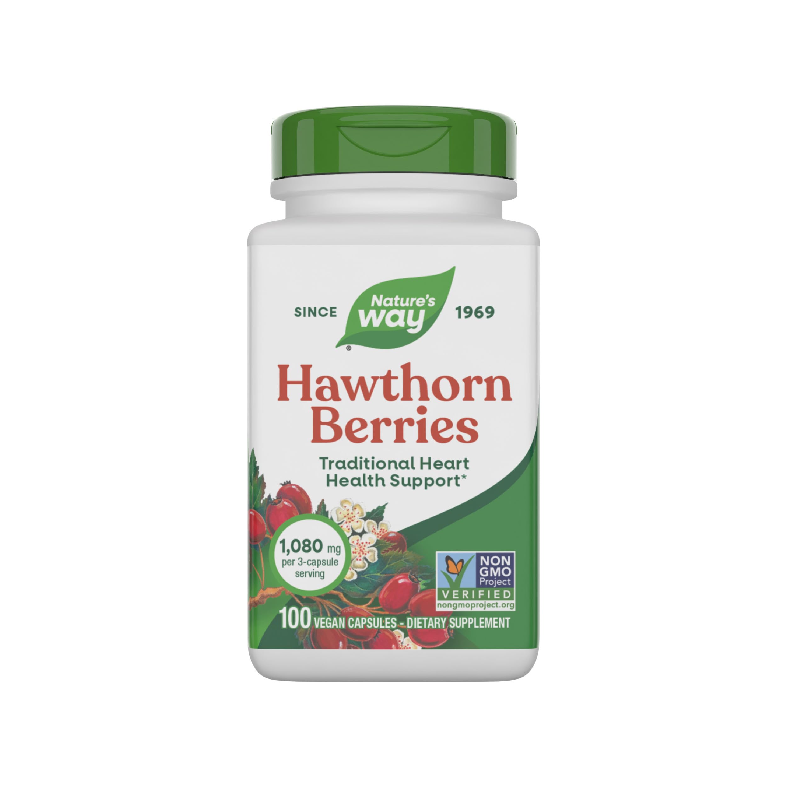 Nature's Way frasco frontal de Hawthorn Berries mostrando el envase y beneficio práctico
