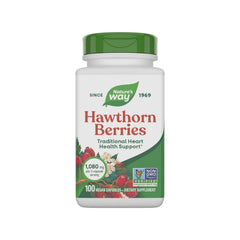 Nature's Way frasco frontal de Hawthorn Berries mostrando el envase y beneficio práctico