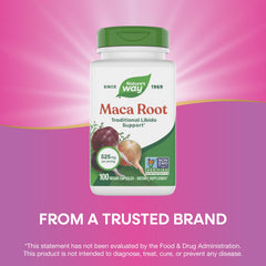 Nature's Way etiqueta de Maca Root con ingredientes y beneficios visibles
