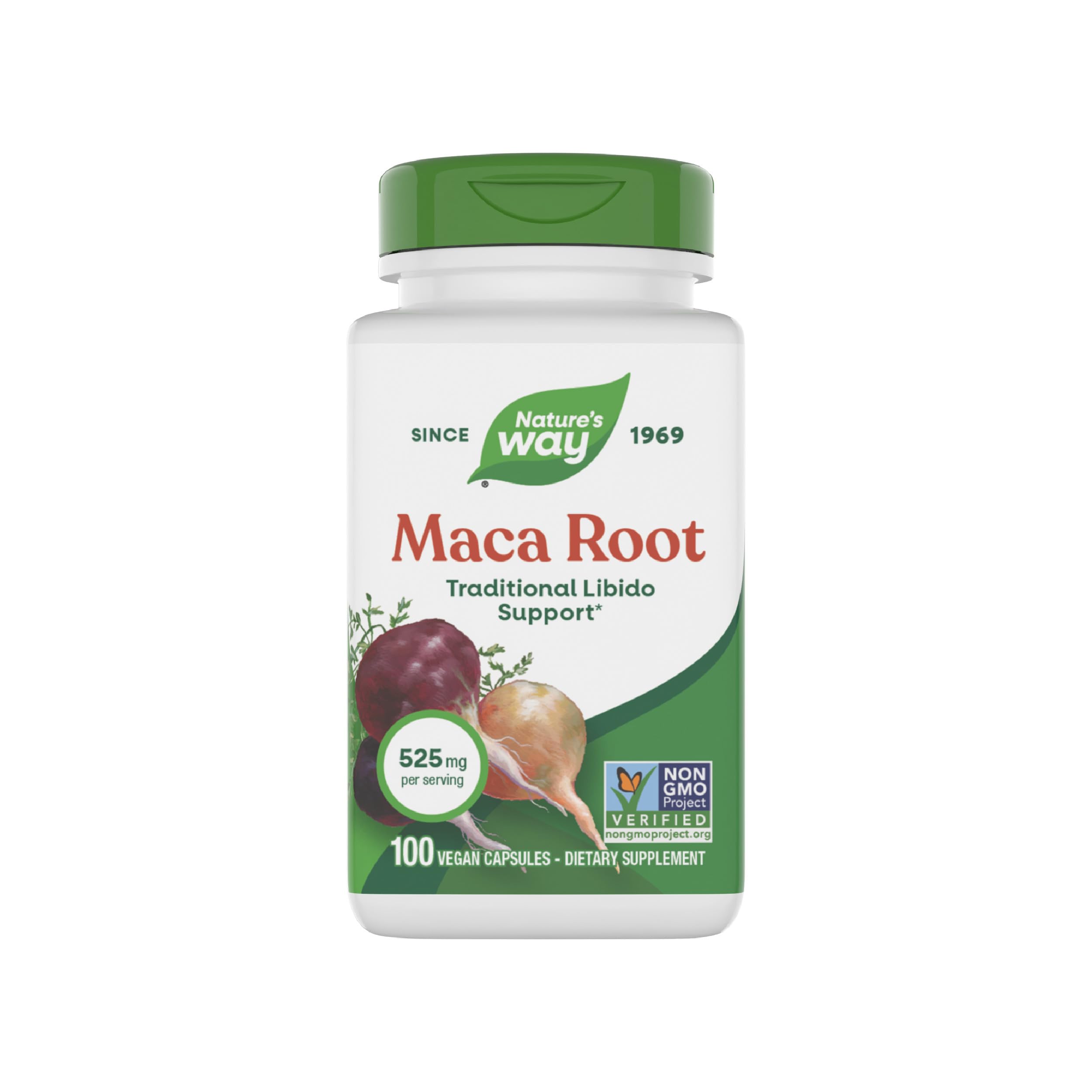 Nature's Way envase frontal de Maca Root mostrando presentación y beneficio natural