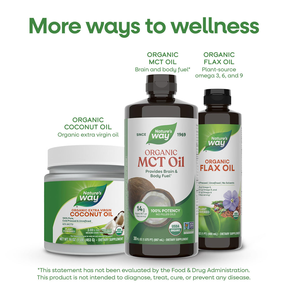 Nature's Way botella en cocina con ingredientes saludables para uso diario