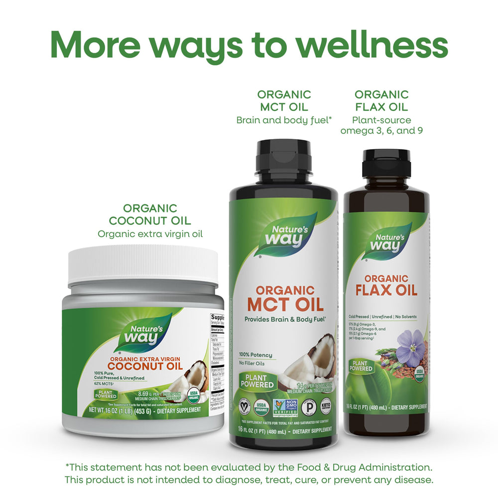 Nature's Way botella MCT junto a una cuchara para comparar tamaño y dosis