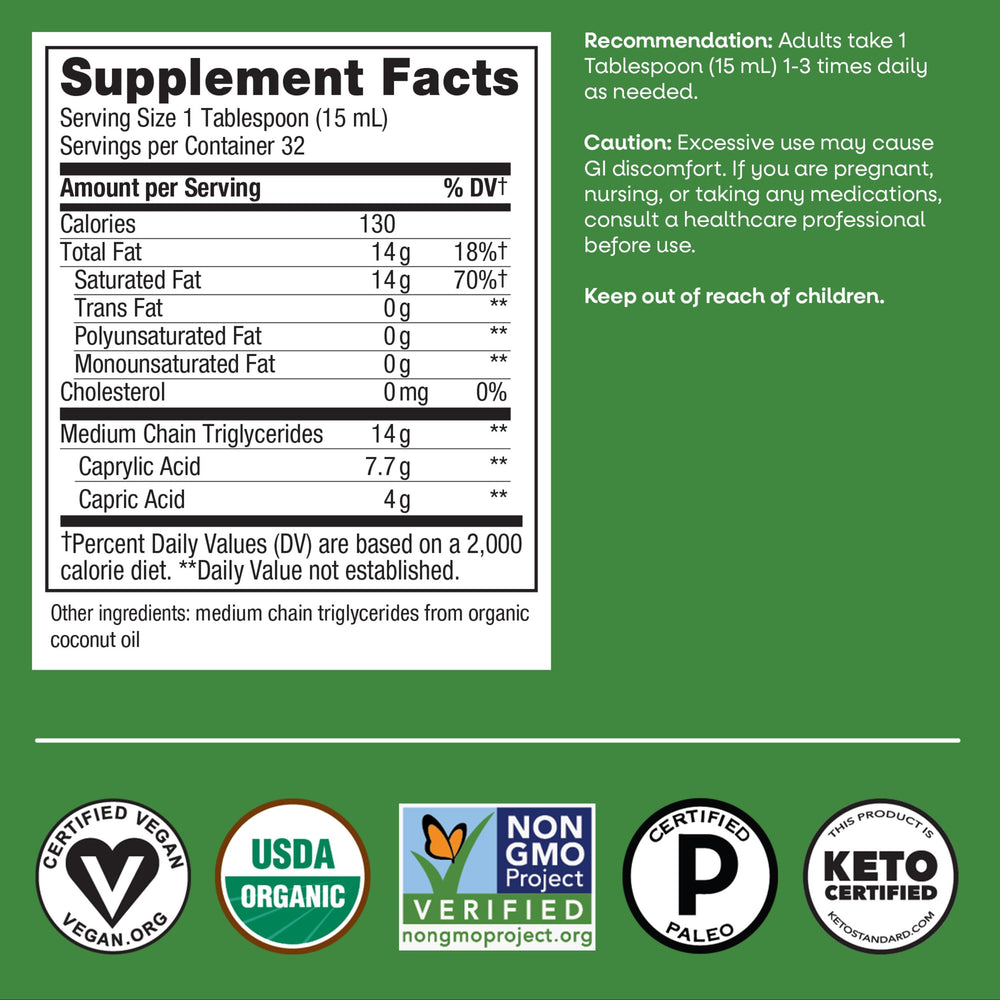Nature's Way etiqueta nutricional del envase MCT mostrando 14 g de MCT por porción