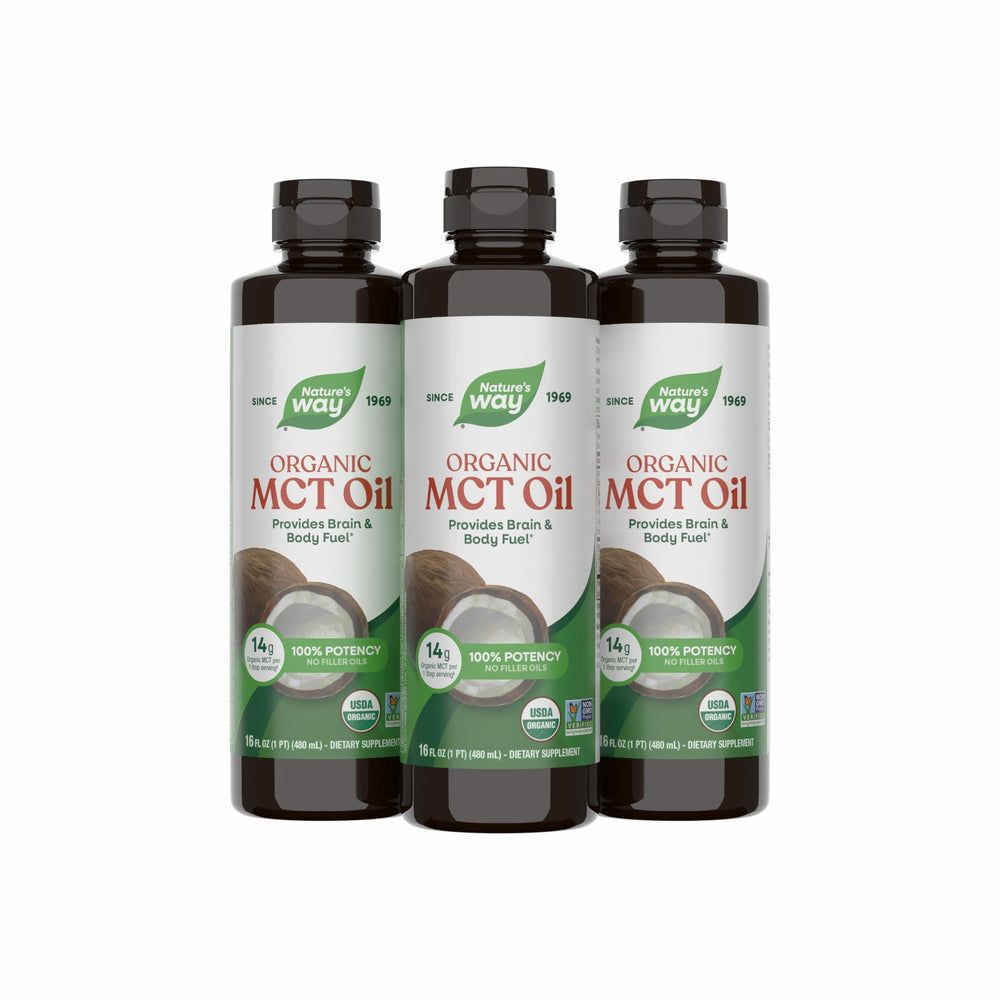 Nature's Way botella frontal del producto MCT orgánico mostrando etiqueta clara y beneficios