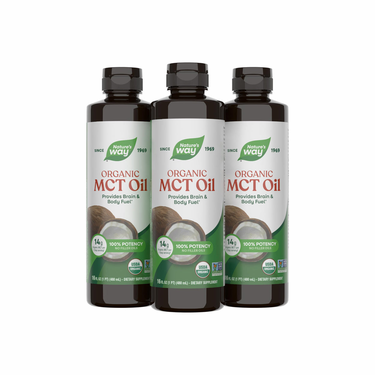 Nature's Way botella frontal del producto MCT orgánico mostrando etiqueta clara y beneficios