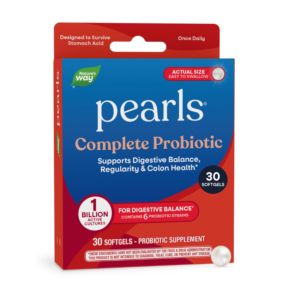 Nature's Way empaque frontal de Pearls Complete Probiotic, presenta confianza y facilidad