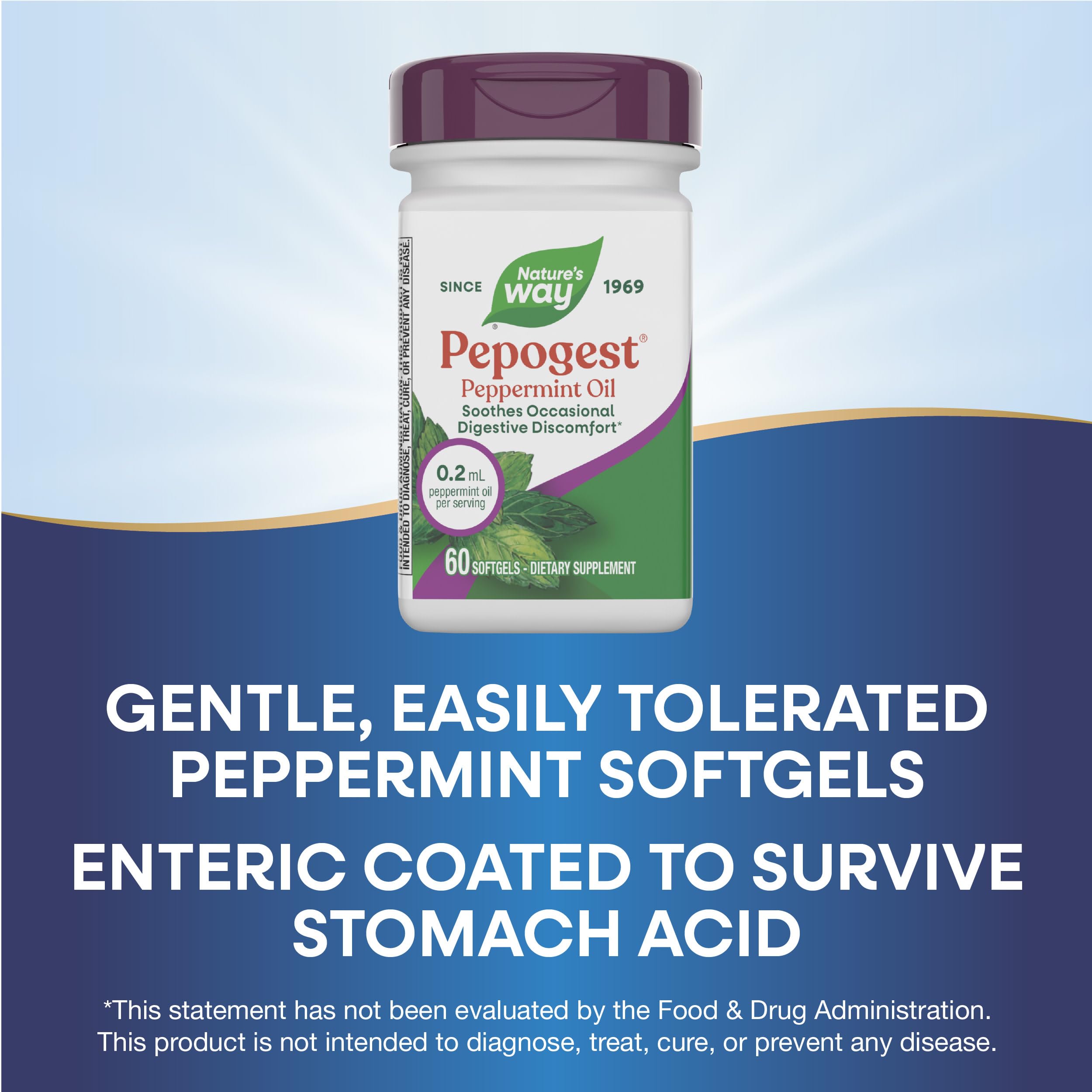 Nature's Way Pepogest cápsula en mano para comparar tamaño y dosificación