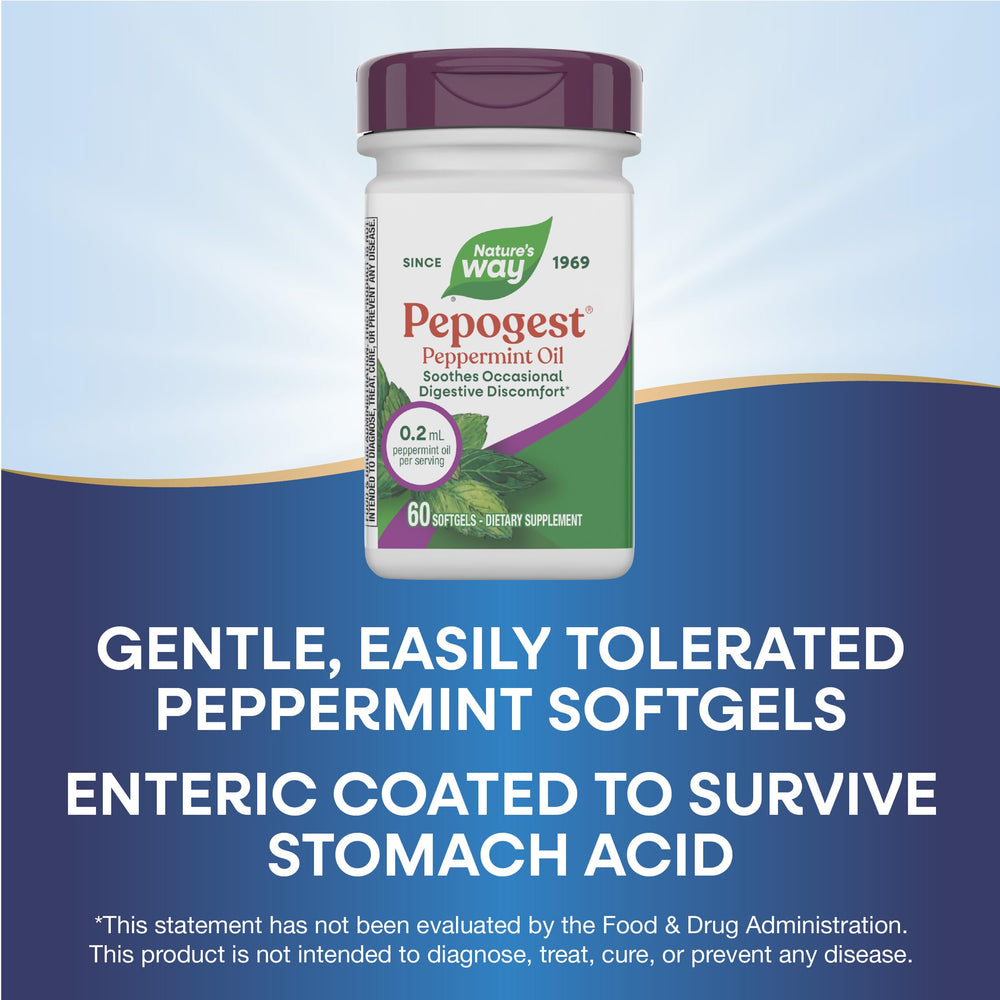 Nature's Way Pepogest cápsula en mano para comparar tamaño y dosificación