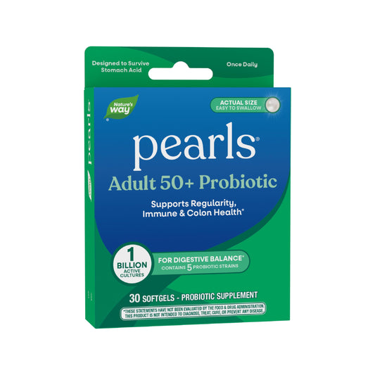 Nature's Way envase frontal de Pearls Adult 50+ mostrando presentación