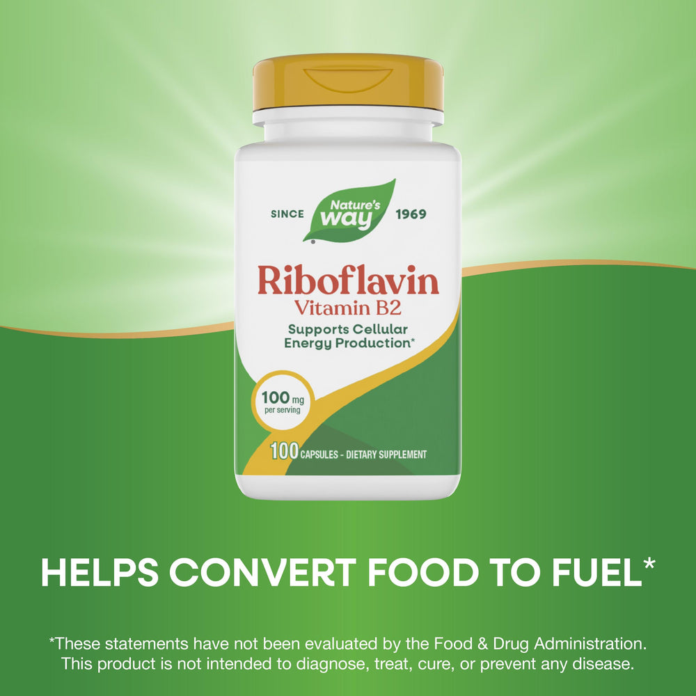 Nature's Way envase abierto de Riboflavin mostrando cápsulas internas